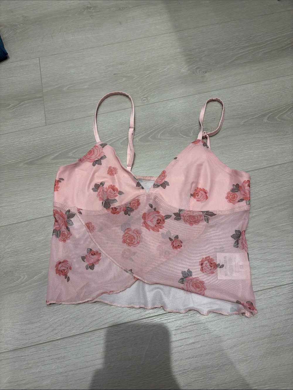 Rose-Print Pink Mesh Camisole Tank